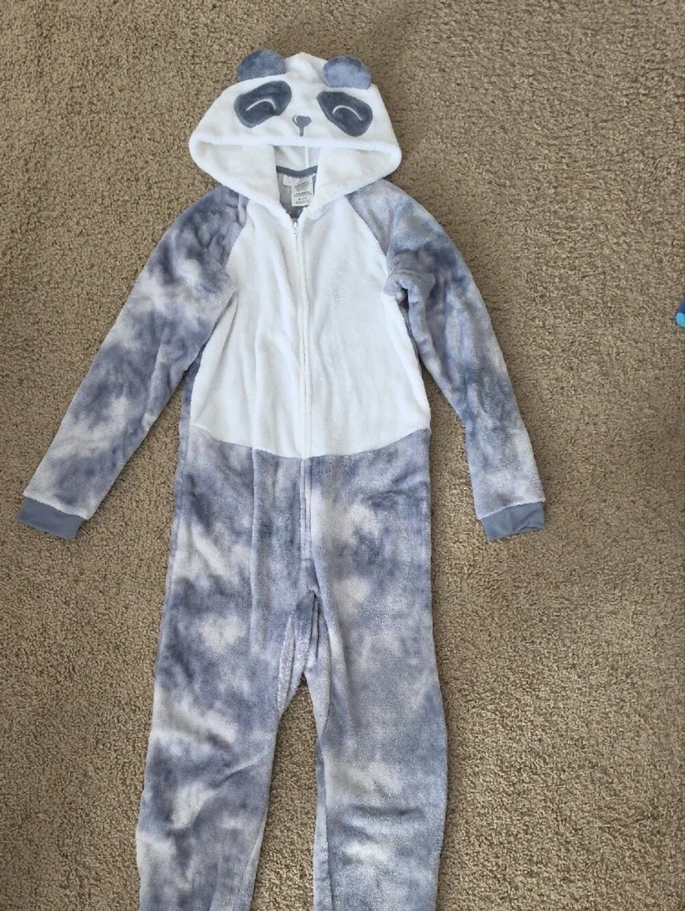 Kids Plush Panda Hooded Onesie - White & Gray Tie-Dye